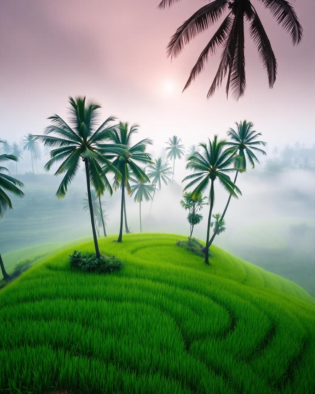 Emerald rice terraces wrapped in early morning mist in Bali