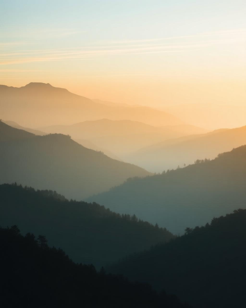 Layered misty mountain ridges glowing at sunrise