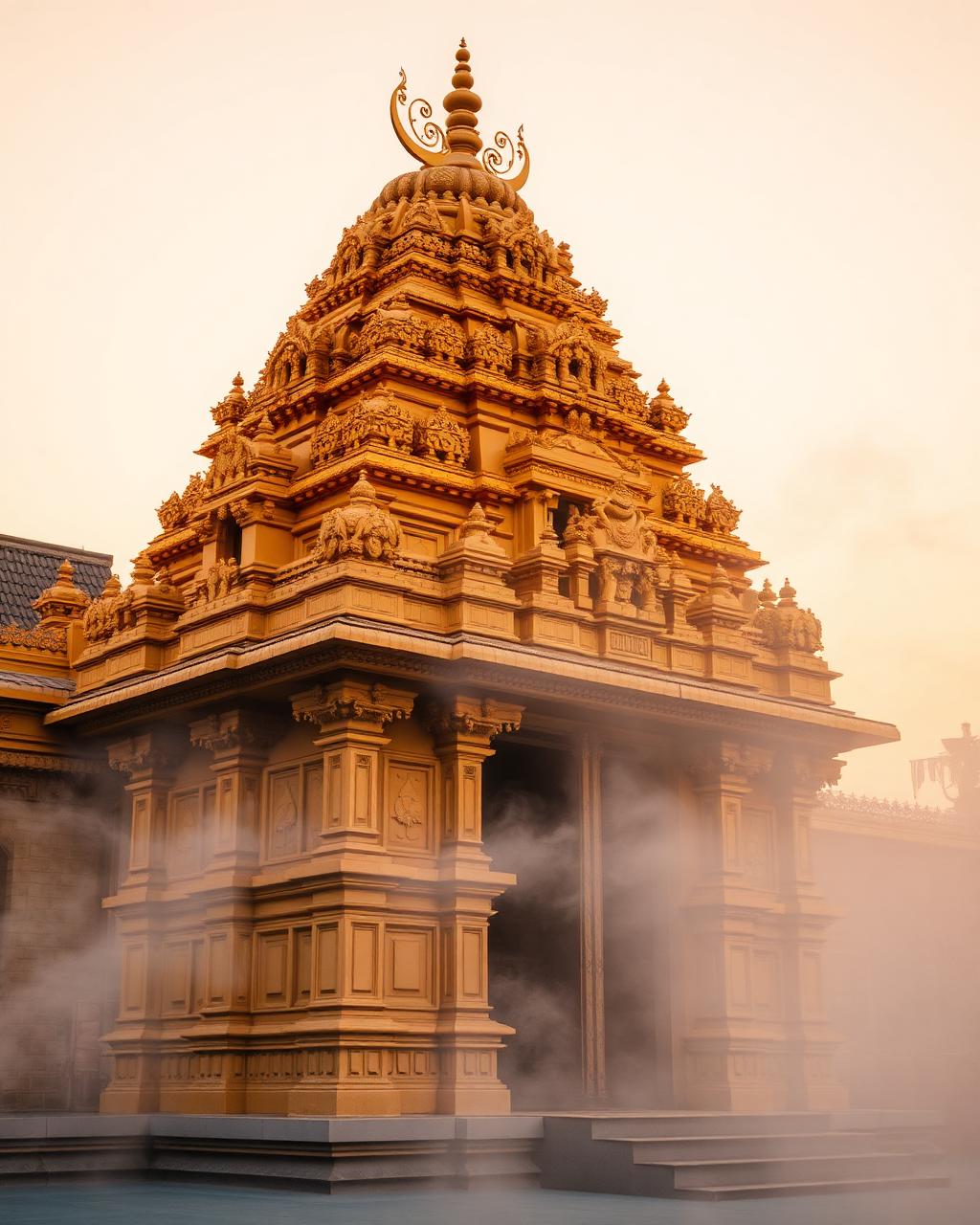 A golden temple tower catching the first light of morning in India