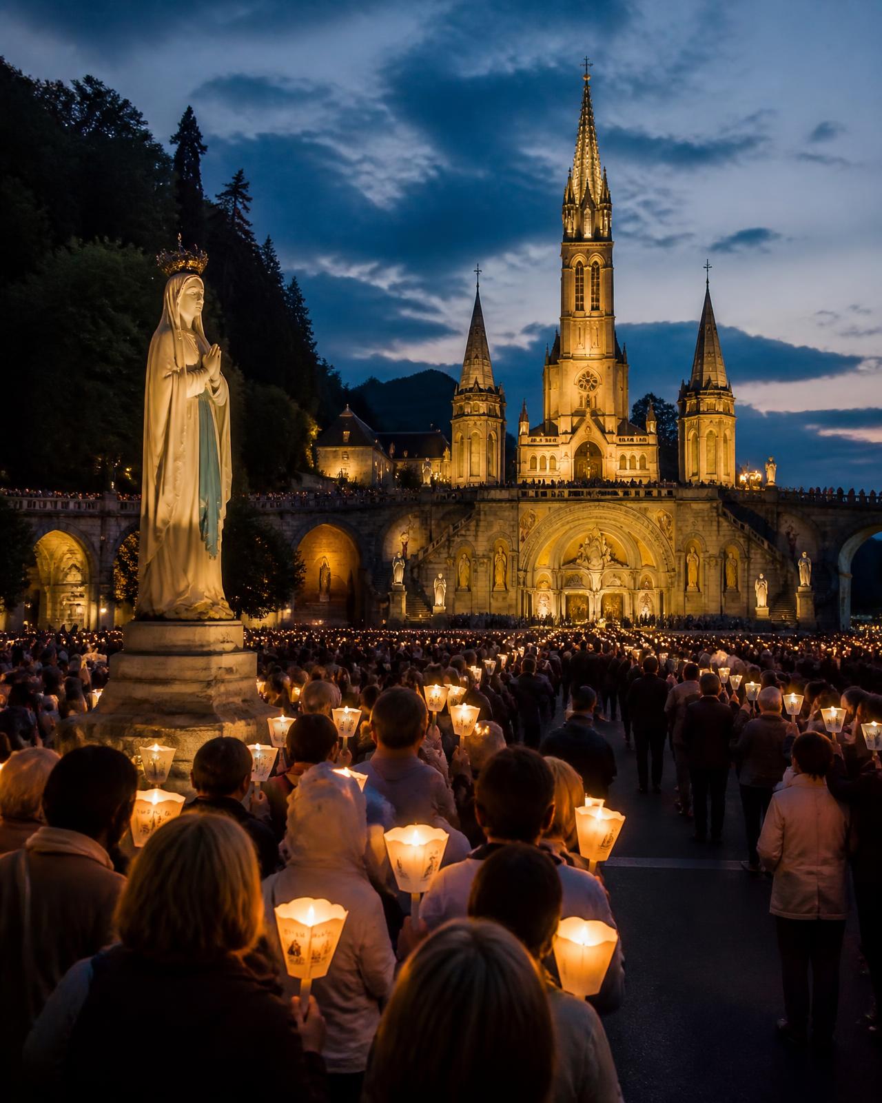 Candlelight procession of pilgrims before the basilica at Lourdes, France
