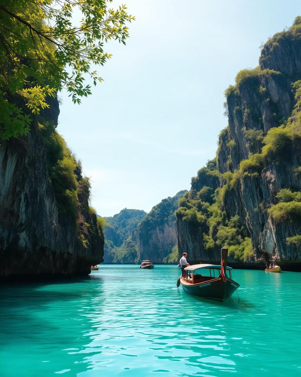 A longtail boat on turquoise water between limestone cliffs in Thailand