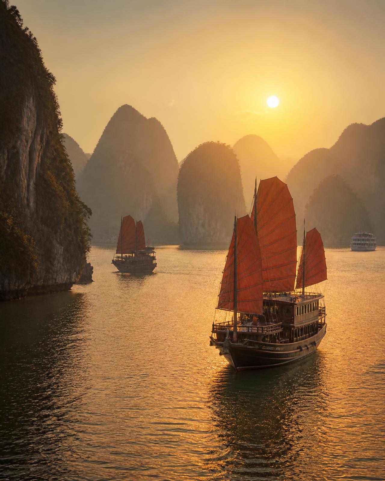 Traditional junk boats sailing through Ha Long Bay at golden hour